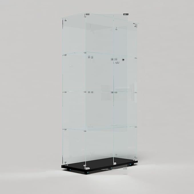 Glass Display Cabinet with LED Light Strip, 4 Shelves with 2 Doors, Glass Top Curio Storage Cabinets with Lock & Caster for Living Room,Floor Standing Bookshelf, Quick Installation - Black