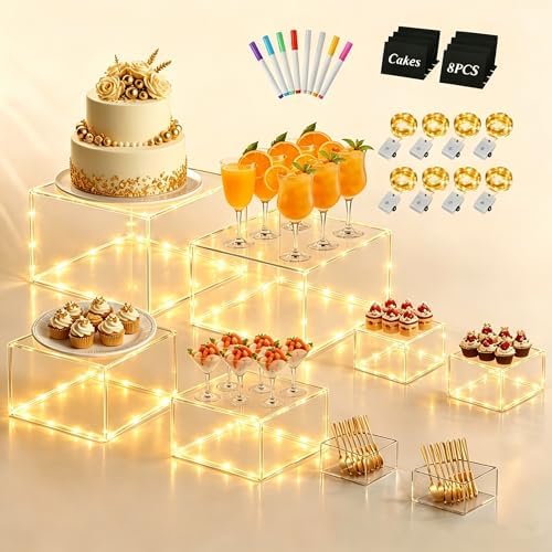 8 Pcs Clear Acrylic Buffet Risers with LED Fairy Lights, Acrylic Food Risers with Mini Sign and Maker, Clear Buffet Risers and Stands for Party Catering Dessert Collectibles(9" 8" 7" 6" 5" 5" 4" 4" ) by Qinzave