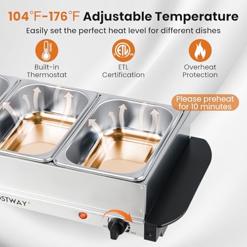 COSTWAY Electric Buffet Server Food Warmer, Stainless Steel Countertop Food Warming Tray with 3 Removable Trays, Adjustable Tempered Control & See-Through Lids for Parties, Holidays & Catering - Image 2