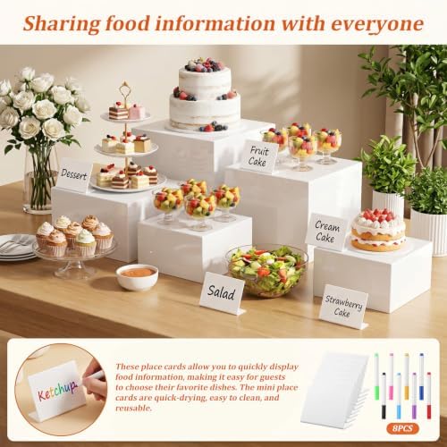 6 PCS White Acrylic Buffet Risers with 6 Signs and 8 Markers, Buffet Risers and Stands Nesting Cube Boxes with Hollow Bottoms, Food Display Stands for Party Catering Dessert Jewelry, 8"7"6"5"4"4" - Image 5