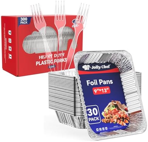 JOLLY CHEF 9x13 Aluminum Foil Pans (30 Pack) and 300 Count Clear Plastic Forks,Heavy Duty Disposable Forks Plastic Utensils Perfect for Home by JOLLYCHEF