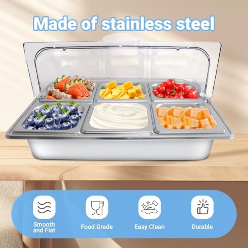 Countertop Ice Food Serving Display Tray with 6 Pan, Portable Salad Bar Buffet Station for Home, Cold Food Buffet Server, Stainless Steel Pizza Topping Station with Clear Roll Top Cover, 3 Ice Packs - Image 5