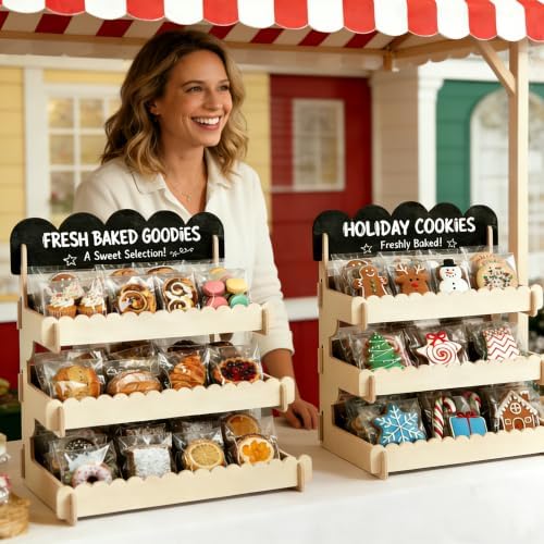 Cookie Display Stand for Vendors - Snack Organizer Countertop with Chalkboard, Tool-Free Easy Assembly, Natural Finish, Perfect for Bakeries, Markets, Events & Small Shops (Beige) - Image 3