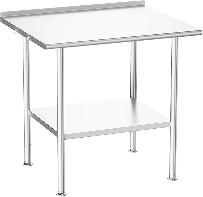 All-Stainless Steel Prep Table, 30 X 36 Inch, with Rounded-Corner Backsplash and Adjustable Undershelf, Heavy-Duty for BBQ,Restaurants,Hotels,Workshops,Kitchens,Gardens, and Garages