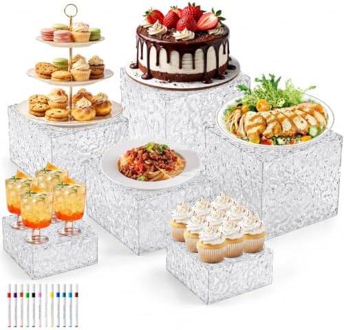 6 Pack Acrylic Buffet Risers with Mini Sign and Marker, Wave Texture Display Risers for Dessert Table, Food Display Stands for Parties, Weddings & Events, Clear Acrylic Cake Stand Set for Cupcakes, Appetizers & Decorations(8" 7" 6" 5" 4" 4" ") by Unknown