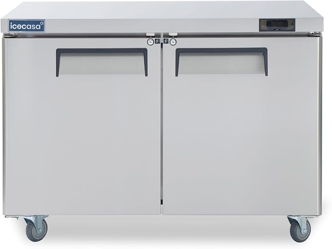 ICECASA 48" W Commercial Freezer Worktop Undercounter Freezer Single Door Stainless Steel Counter Fan Cooling 13 Cu.ft for Restaurant, Bar, Shop, etc