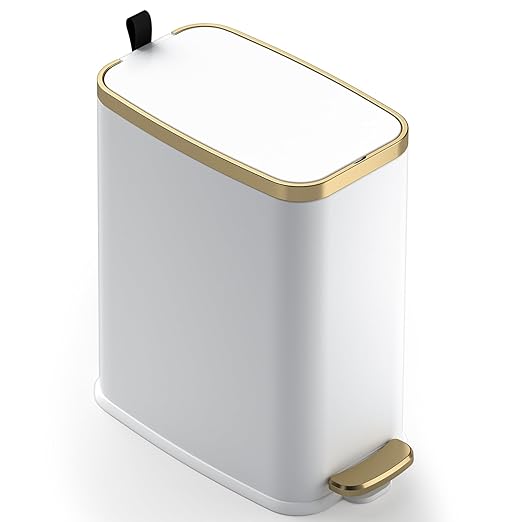 CEROELDA Small Bathroom Trash Can with Lid Soft Close-5L/1.3 Gal Stainless Steel Garbage Can-Step Pedal Wastebasket Slim Trash Bin for Office, Bedroom, Toilet, Live Room-White