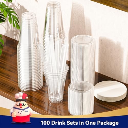 JOLLY CHEF 20 oz Plastic Cups with Lids and Straws 100 Sets Clear - Image 7