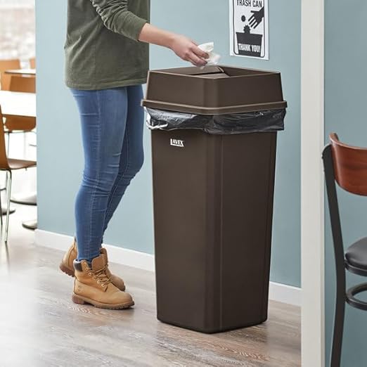 Square Trash Can with Drop Shot Lid, 23 Gallon, Brown, Indoor Use