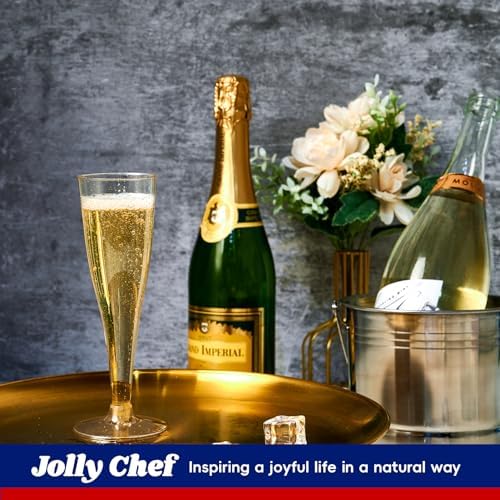 JOLLY CHEF Plastic Champagne Flutes 4.5 oz 100 Pack Gold Glitter Glasses - Image 3