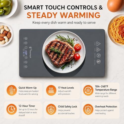 41.3" x 15" Electric Warming Tray for Parties Buffet, 5-in-1 Modular Food Warmer Mat with 17 Heat Levels, 12H Timer, Child Lock & Glass Surface for Family Dinners Holiday Gatherings - Image 2
