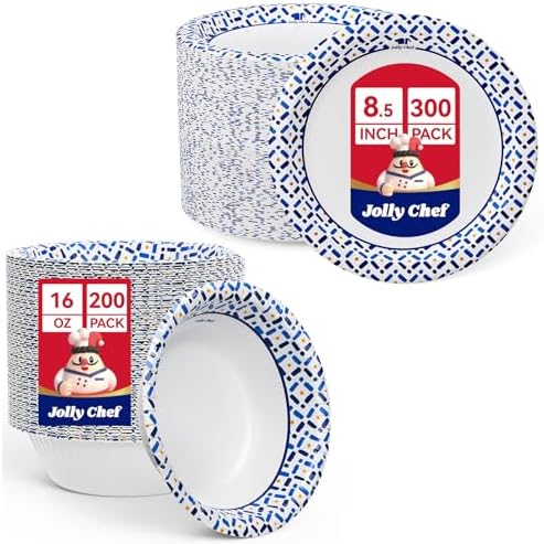 JOLLY CHEF 16 Oz Paper Bowls 200 Count & 8.5 Inch Paper Plates 300 Count by JOLLYCHEF