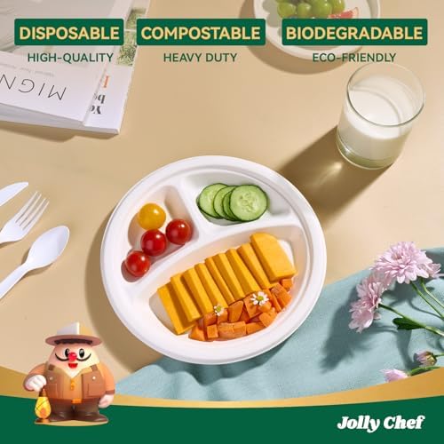 JOLLY CHEF Heavy Duty Compostable 3 Compartment Paper Plate 9 Inch 150 Pack - Image 3