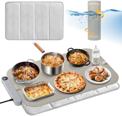 Homelove Warming Mat for Food - Electric Warming Tray with 7-Level Temp Settings & 6 Hours Timer, Full Surface Graphene Heating, Waterproof Dishwasher-Friendly Food Warmer for Parties, Kitchen (Khaki) by Homelove