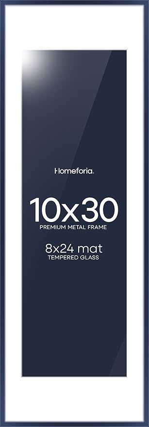 Homeforia 10x30 Navy Blue Picture Frame, High End Metal 10by30 Poster Frames with Mat 8x24 Photo, 10 x 30 Blue Frames Matted to 8 x 24 Print, 30x10 Panoramic Frames, Tempered Glass, Wall Kit, Set of 1