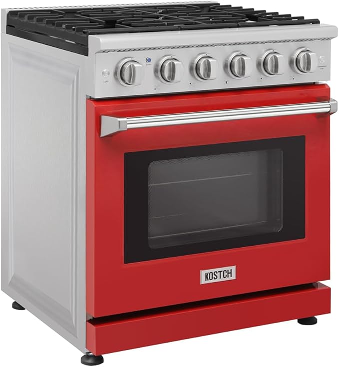 KOSTCH 30 inch Professional Freestanding Pro-Style Natural Gas Range or Liquid Propane Gas Range with 5 Burners, 4.55 cu.ft. Oven Capacity, in Stainless Steel - KOS-30RG03M (Red)