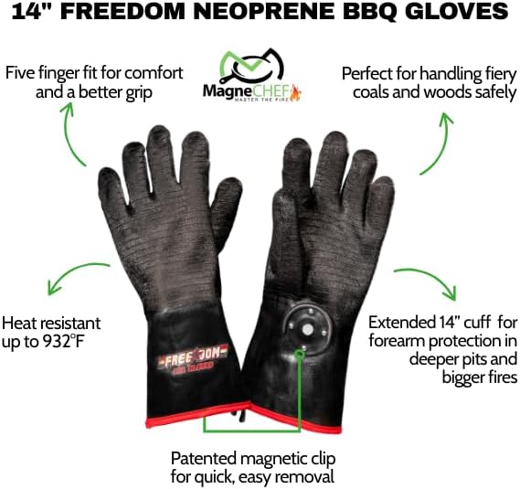 MagneCHEF Freedom BBQ Gloves – 932°F Extreme Heat Resistant Neoprene Grilling Gloves – Patented Magnetic EZ On/Off Safety Clips – Waterproof, 14” Long Cuff for Grills, Smokers, Fryers & Ovens