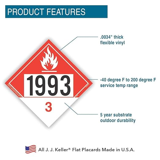 1993 Placard, Class 3 Combustible Liquid 25-pk. - 10.75" x 10.75" Removable Self Adhesive Economy Vinyl for Short-Term Applications, DOT Hazmat Compliant, J. J. Keller & Associates, Inc.
