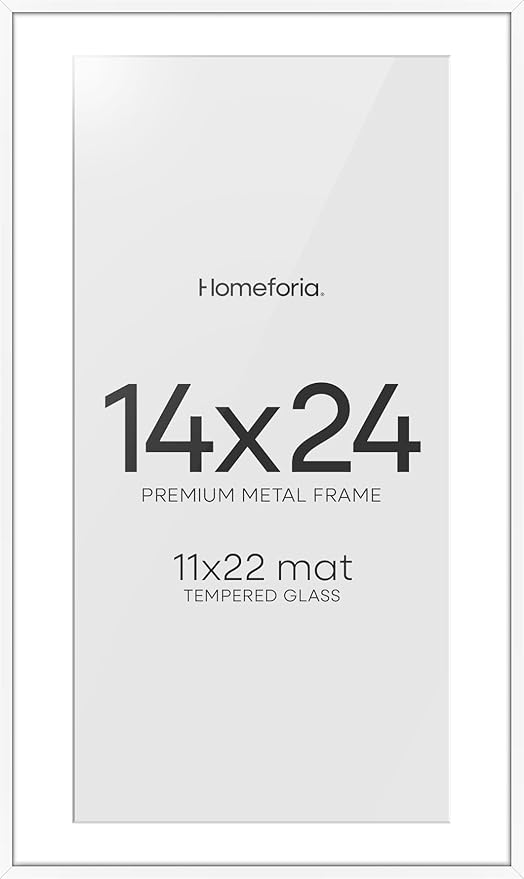Homeforia 14x24 Picture Frame White, High End Metal 14x24 Poster Frames with Mat 11x22 Photo, 14 x 24 White Frame Matted to 11 by 22 Print, 24by14 Thin Hanging Frames, Tempered Glass, Wall Kit, Set of 1