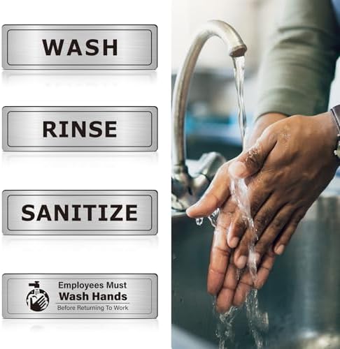 Wash Rinse Sanitize Sink Labels, 3 Compartment Sink Stickers with Employees Must Wash Hands Sign, Commercial Kitchen Dishwashing Signs for Restaurant, Food Truck, Food Service, 4 Pack Brushed Aluminum by EliteSign