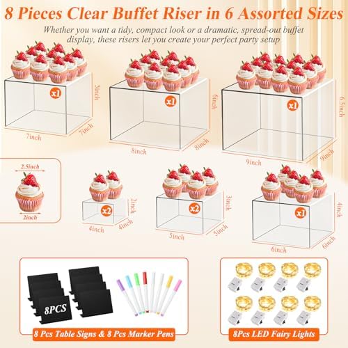 8 Pcs Clear Acrylic Buffet Risers with LED Fairy Lights, Acrylic Food Risers with Mini Sign and Maker, Clear Buffet Risers and Stands for Party Catering Dessert Collectibles(9" 8" 7" 6" 5" 5" 4" 4" ) - Image 2