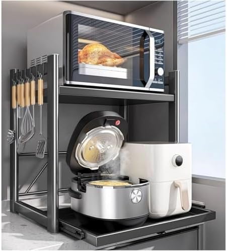 Adjustable 2-Tier Microwave Stand with Pull-Out Tray, Metal Kitchen Organizer Rack, Space-Saving Storage for Rice Cooker & Kitchen Essentials, 6 Hooks, Gray, Compact Design