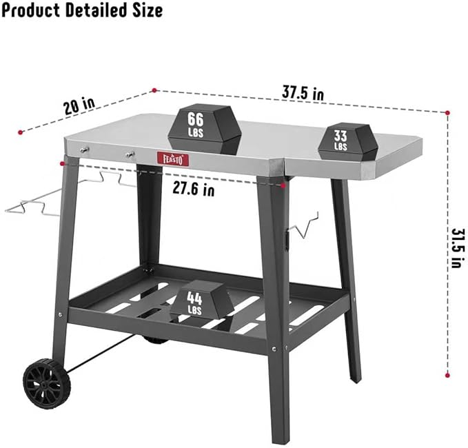 Outdoor Grill Cart, Pizza Oven Table with Wheels, Stainless Steel Countertop with Foldable Extension Table, Versatile Food Prep Grill Cart for Outdoor BBQ Cooking Gathering