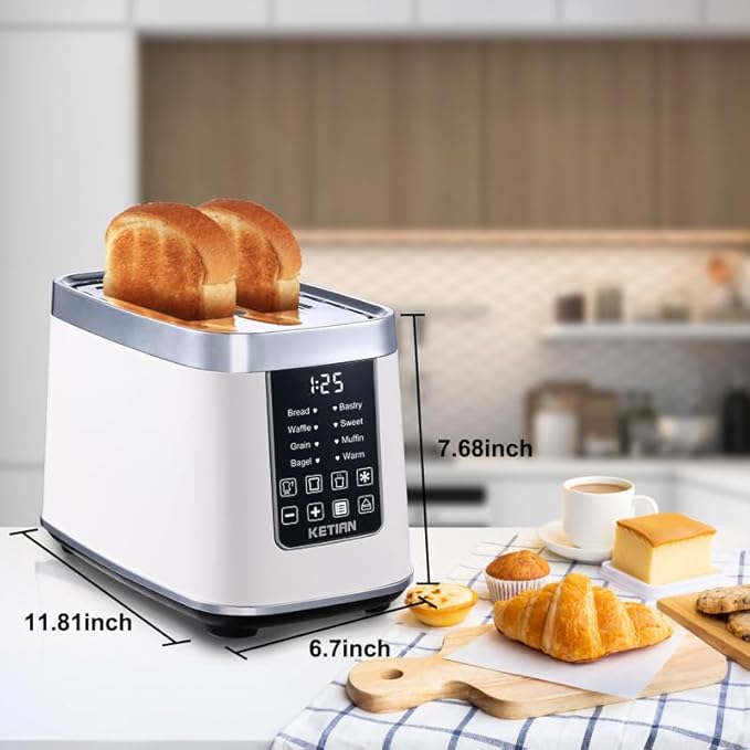 Smart Touch Screen Toaster 2 Slice, KETIAN Automatic Digital Stainless Steel Toaster,7 Bread Types,Single Slot Tech,7 Browning Settings,Removable Crumb Tray,1400W (White)