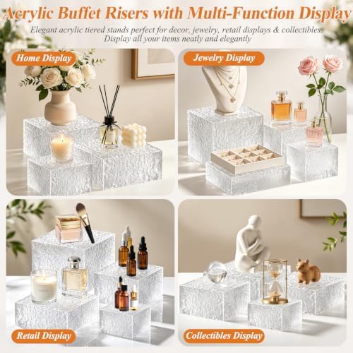 Acrylic Buffet Risers with Mini Sign and Maker, Clear Hammered Water Ripple Dessert Display Stands for Catering Cakes Cupcakes Desserts Drinks Décor Acrylic Display Risers Stackable Nesting Storage - Image 5