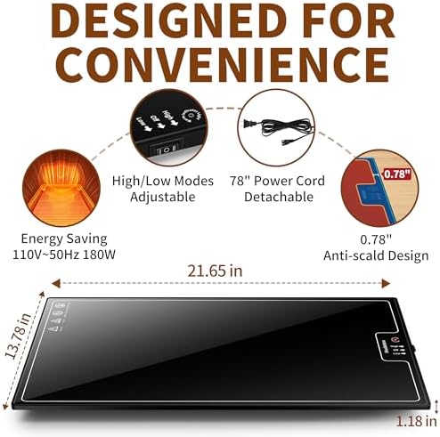 Warming Mat for Food,L 22"x14",Tempered Glass Electric Warming Tray, Black - Image 3