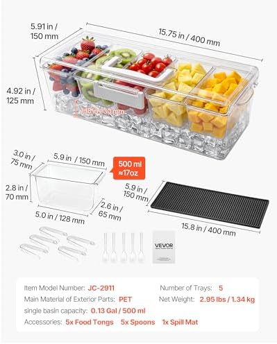 VEVOR Chilled Condiment Server Caddy, 5 Compartment Ice Cooled Serving Container, Plastic Fruit Garnish Tray Platter with Lid, for Taco Salad Bar Accessories, Party Home Restaurant Supplies - Image 7