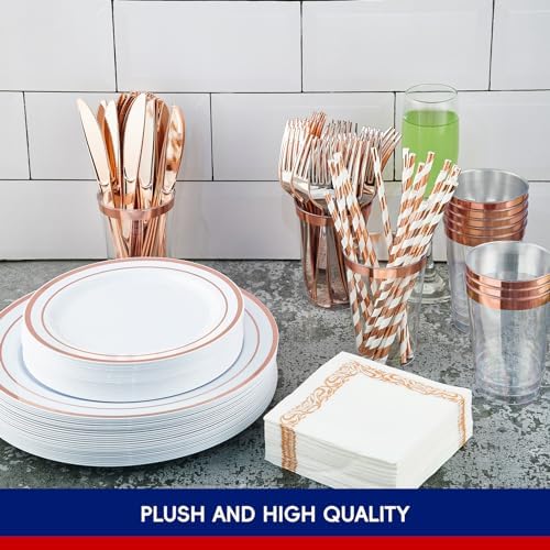 250 PCS Plastic Plates Set With Rose Gold Rim Cutlery set for 25 Guests - Image 4