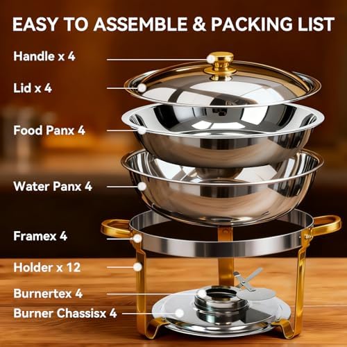 4-Pack Chafing Dish for Buffet Set, 6QT Round 304 Stainless Steel Buffet Food Warmers – Complete Set with Full Accessories for Catering, Wedding Events, Parties & Dinners - Image 3