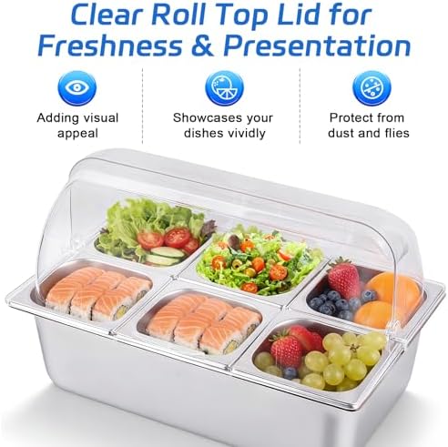 Cold Food Buffet Server 9.6Qt (6 Pans×1.6Qt) with Ice Packs for Salad Pizza Sauce Colded Serving Trays Condiments Containers for Parties Buffet - Image 3