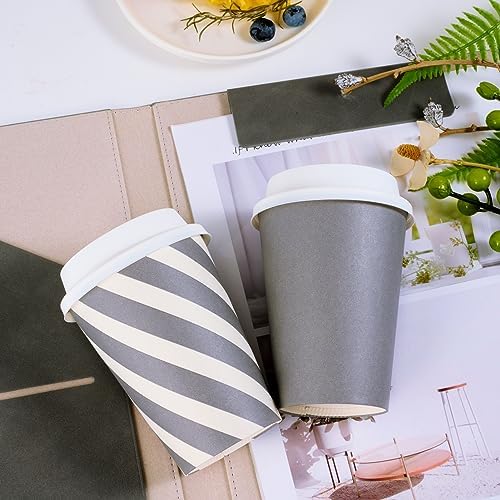 JOLLY CHEF 10 inch 140 Pack Disposable Paper Plates Heavy Duty，100 Pack 12 oz Paper Coffee Cups, Disposable Printed Drinking Cups with Lids(Stripes and Grey) - Image 4