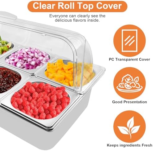 Countertop Food Serving Display Container with Clear Roll Top Cover, Catering Supplies Buffet Display, Perfect Salad Bar Buffet Station for Home and Catering Supplies, Cold Food Buffet Server(6 Pan) - Image 5