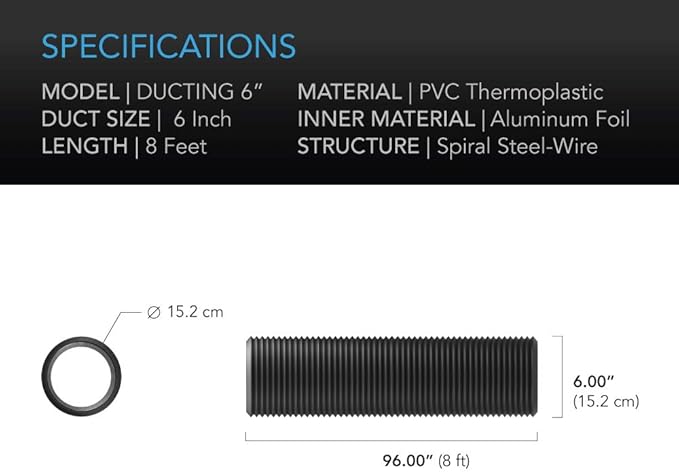 AC Infinity Flexible 6-Inch Aluminum Ducting, Heavy-Duty Four-Layer Protection, 8-Feet Long for Heating Cooling Ventilation and Exhaust