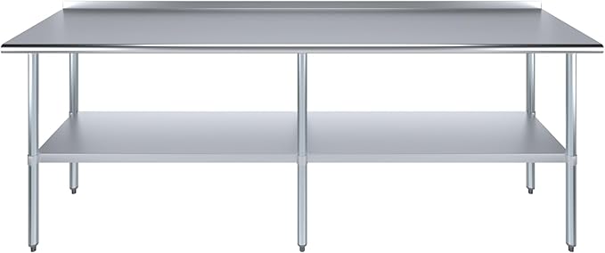 AmGood Stainless Steel Work Table with 1.5" Backsplash | Metal Kitchen Food Prep Table | NSF (96" Long x 24" Deep)