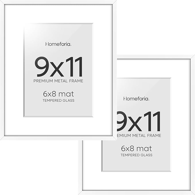 Homeforia 9x11 White Frame, High End Metal 9 x 11 Picture Frames with Mat 6 by 8 inch Photo, 9by11 Thin Poster Frame Matted to 6x8 Print, 11x9 Wall or Tabletop Frame, Tempered Glass, Wall Kit, Set of 2