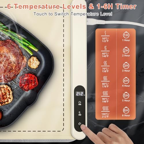FYY Warming Mat for Food with Heat Resistant Pad, Prevent Countertop Cracks, Keep Meal Warm, Rapid and Full Surface Heating, 6 Temp Settings, 6H Timer, Upgraded Rollable Portable Food Warmer Mat Beige - Image 4