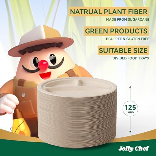 JOLLY CHEF Heavy Duty Compostable 3 Compartment Paper Plate 10 Inch 125 Pcs - Image 6