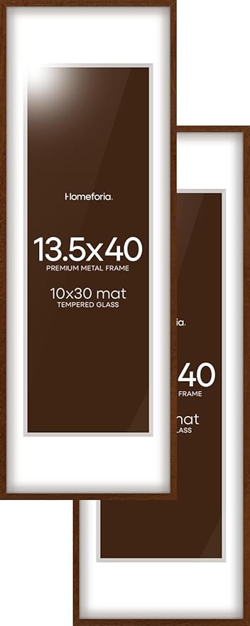 Homeforia 13.5x40 Picture Frame Brown, High End Dark Oak 13.5by40 Walnut Wood Poster Frame with Mat 10x30, 13.5 x 40 Panoramic Wooden Frames Matted to 10 x 30 Print, Tempered Glass, Wall Kit, Set of 2