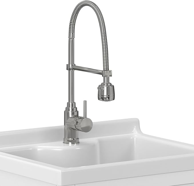 SIMPLIHOME Hennessy All-in-One 24 inch Wide Utility Sink and Laundry Cabinet in Pure White Finish, Transitional ABS Sink Cabinet for Laundry Rooms with High-Arch Chrome Faucet and Pull-Out Spray