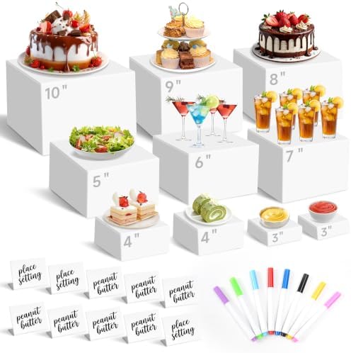 10 Pcs White Acrylic Buffet Risers with Maker and Sign, Food Display Risers by ZUCCIO