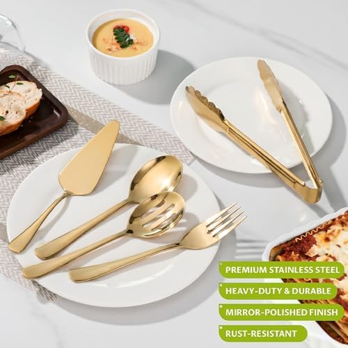 11PCS Stainless Steel Gold Serving Utensils, 8.7''Serving Spoons,8.7''Slotted Spoons, Serving Fork, 9'' Serving Tongs,Cake Server,Hostess Serving Set for Chafing Dish Buffet Catering Parties - Image 4