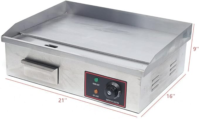 Commercial Electric Griddle 110V 3000W Electric Flat Top Griddle Non-Stick Teppanyaki Grill, 21'' x 12'' Cooking Plate, Stainless Steel Restaurant Electric Countertop Griddle Tabletop Grill