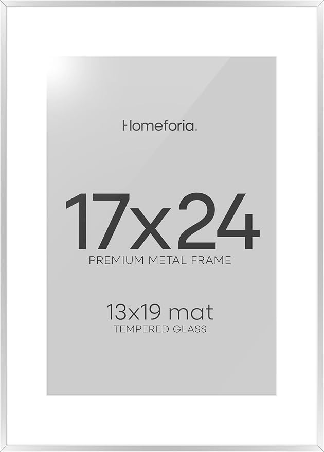 Homeforia 17x24 Picture Frame Silver, High End Metal 17x24 Frames with Mat 13x19 for Photo, 17 x 24 Silver Poster Frame Matted to 13 x 19 Print, 24x17 Hanging Frame, Tempered Glass, Wall Kit, Set of 1