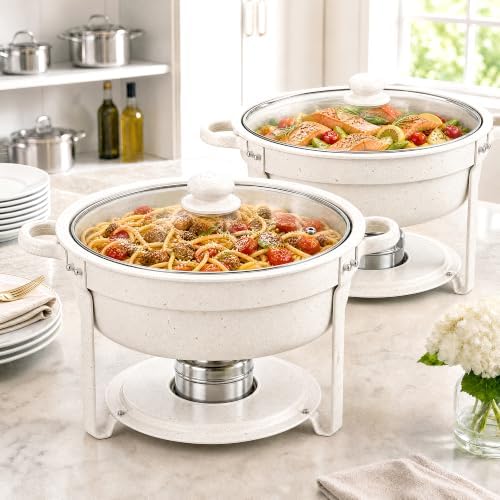 6QT White Chafing Dishes for Buffet, 2-Pack Round Chafers Sets by Camiku