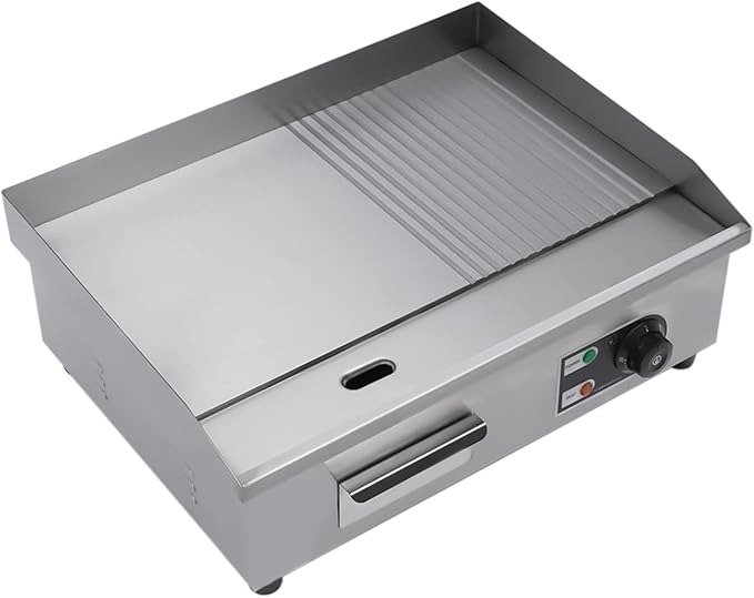Commercial Countertop Grill 110V 1600W Electric Flat Top Griddle Grill 21.7"x13.8" Flat & Fluted Stainless Steel Flat Top Teppanyaki Griddle Nonstick BBQ Grill Temperature Range 122-572°F