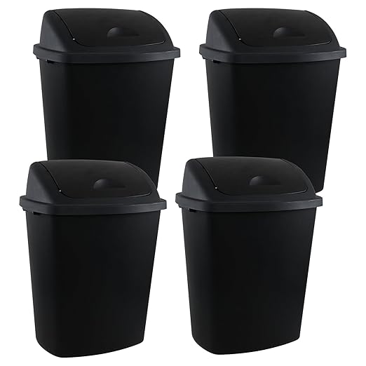 18 Gallon Large Swing-Top Garbage Can, 4-Pack Plastic Tall Swing Top Garbage Can, Black, 19.88" x 14.96" x 26.77"